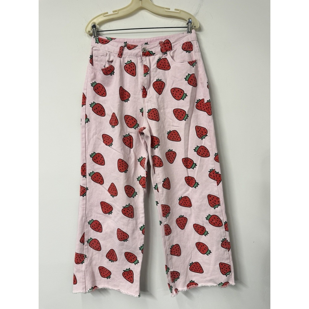 Women's Large Pink Faded Washed wide leg pants strawberry spring high waist Jean